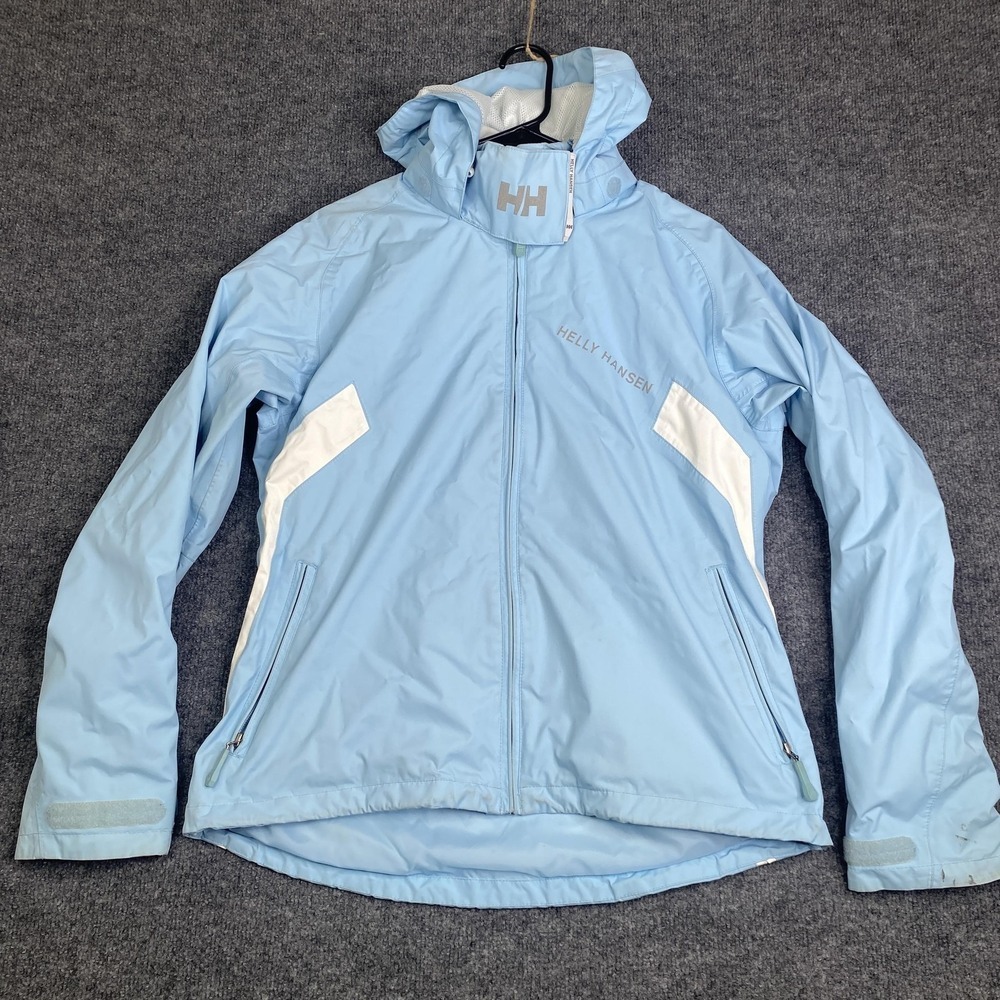Helly Hansen Jacket Womens Large Light Blue Helly Tech Hooded Rain Coat Outdoor